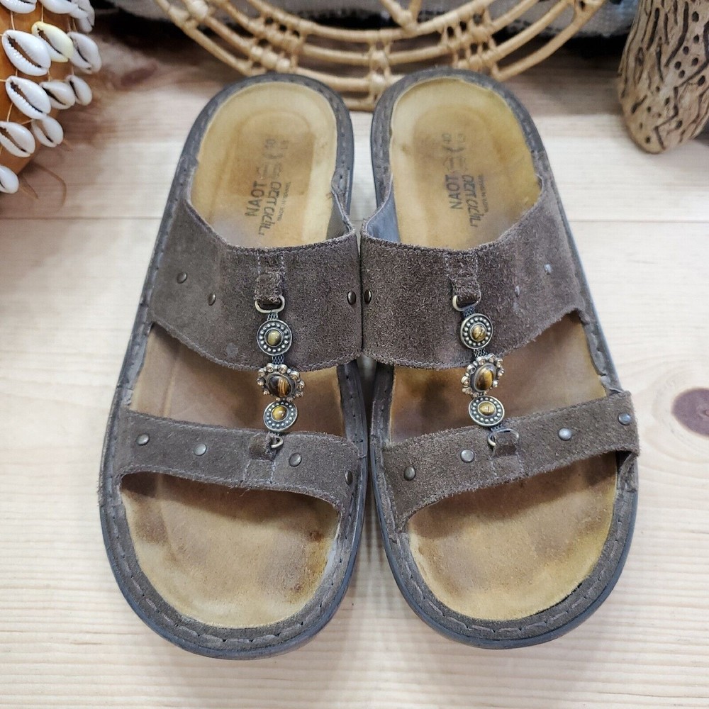 Naot Slides Sandals Slip On Shoes Jewel Brown Leather Suede Women's US 9/40